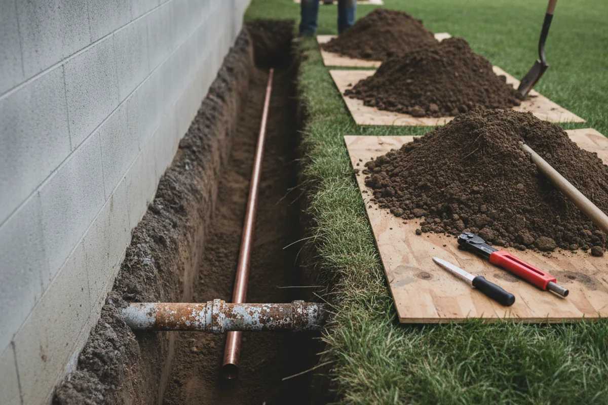 Excavated water line trench during Sewer Line Repair in Cottageville
